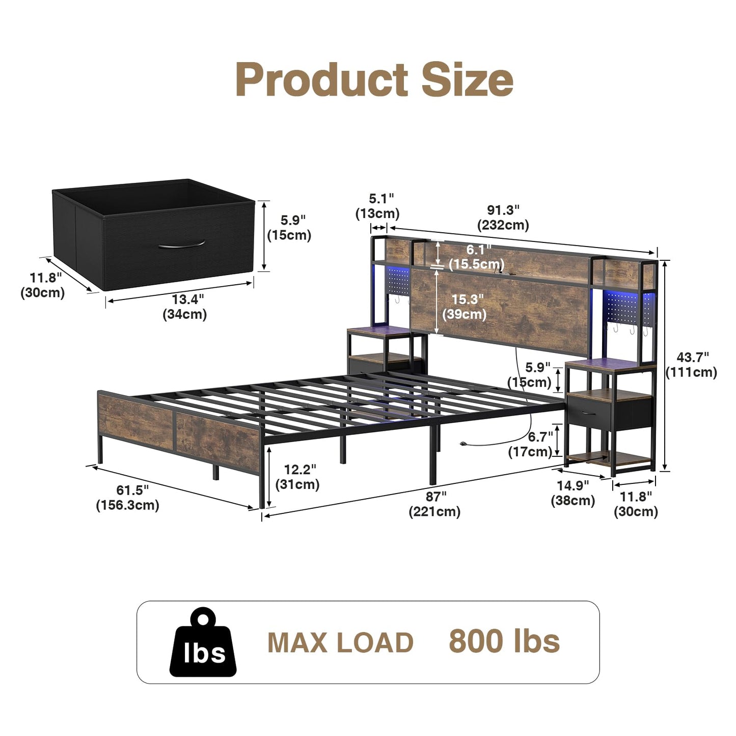 Queen Bed Frame with Set of 2 Bedside Tables with Canvas Drawers and Storage Headboard, Metal Platform Bed Frame with LED Light, Charging Station, Sturdy Metal Slats, No Box Spring Needed, Noise Free