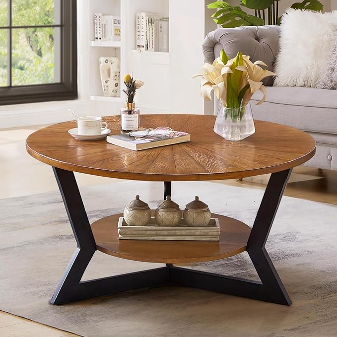 Round Coffee Tables for Living Room, 2-Tier Modern Circle Center Table with Storage, Wood Sofa Table with Metal Frame，35'x 17' Inches，Easy Assembly，Walnut