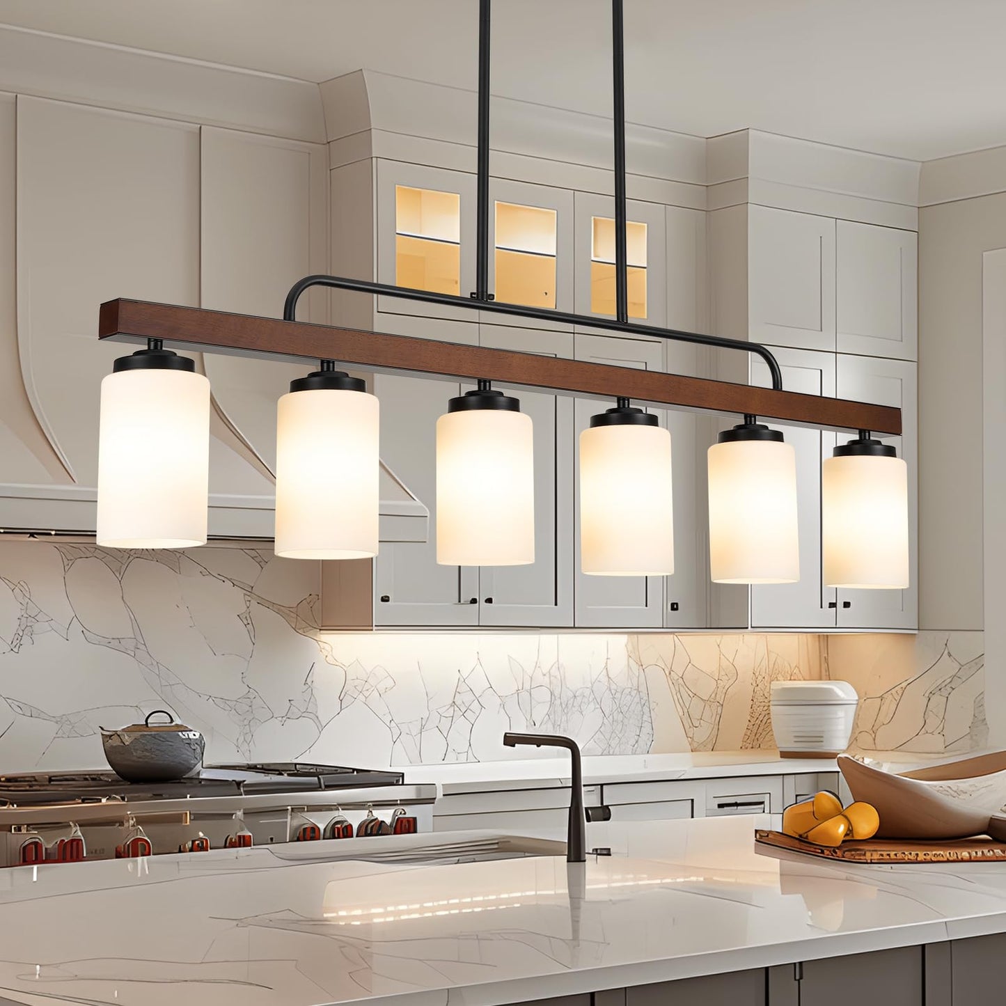 Farmhouse Dining Room Light Fixture Over Table, Black 6-Light Wood Kitchen Island Lighting with Milk White Glass, Industrial Linear Chandelier Pendant Lights