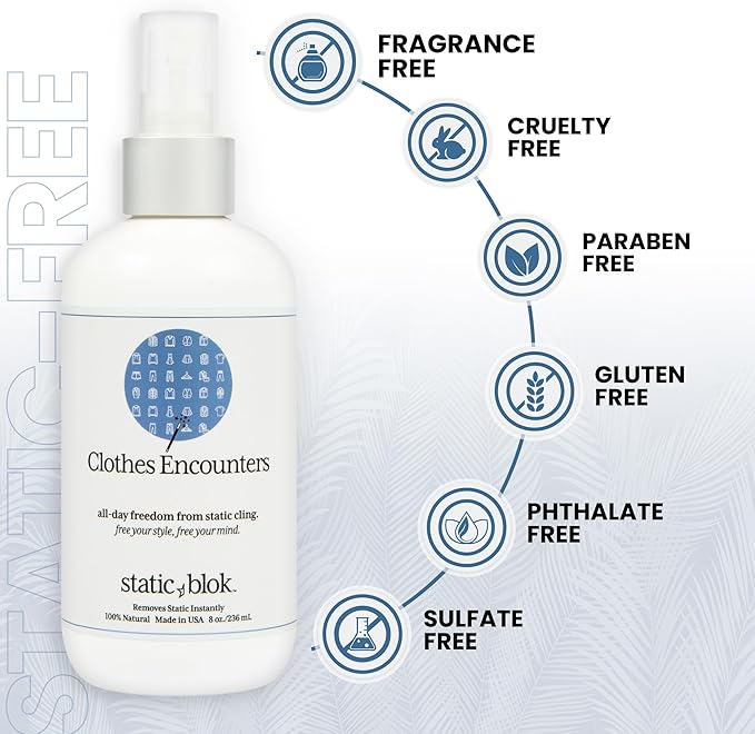 Anti-Static Spray for Clothes - Instantly Eliminate Static Cling, Flyaways, and Shocks from Clothes, Fabrics, Linens, Blankets & Rugs- All-Natural Formula - Lasts All Day- 8oz
