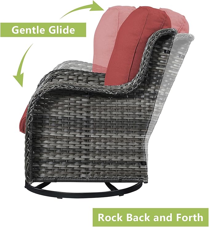 Rilyson Wicker Rocking Chair Swivel Chairs – 6 Piece Rocker Patio Furniture Set Rattan Rocking Bistro Sets with Glass Top Side Table for Outdoor Porch Deck Garden Backyard(Mixed Grey/Red)
