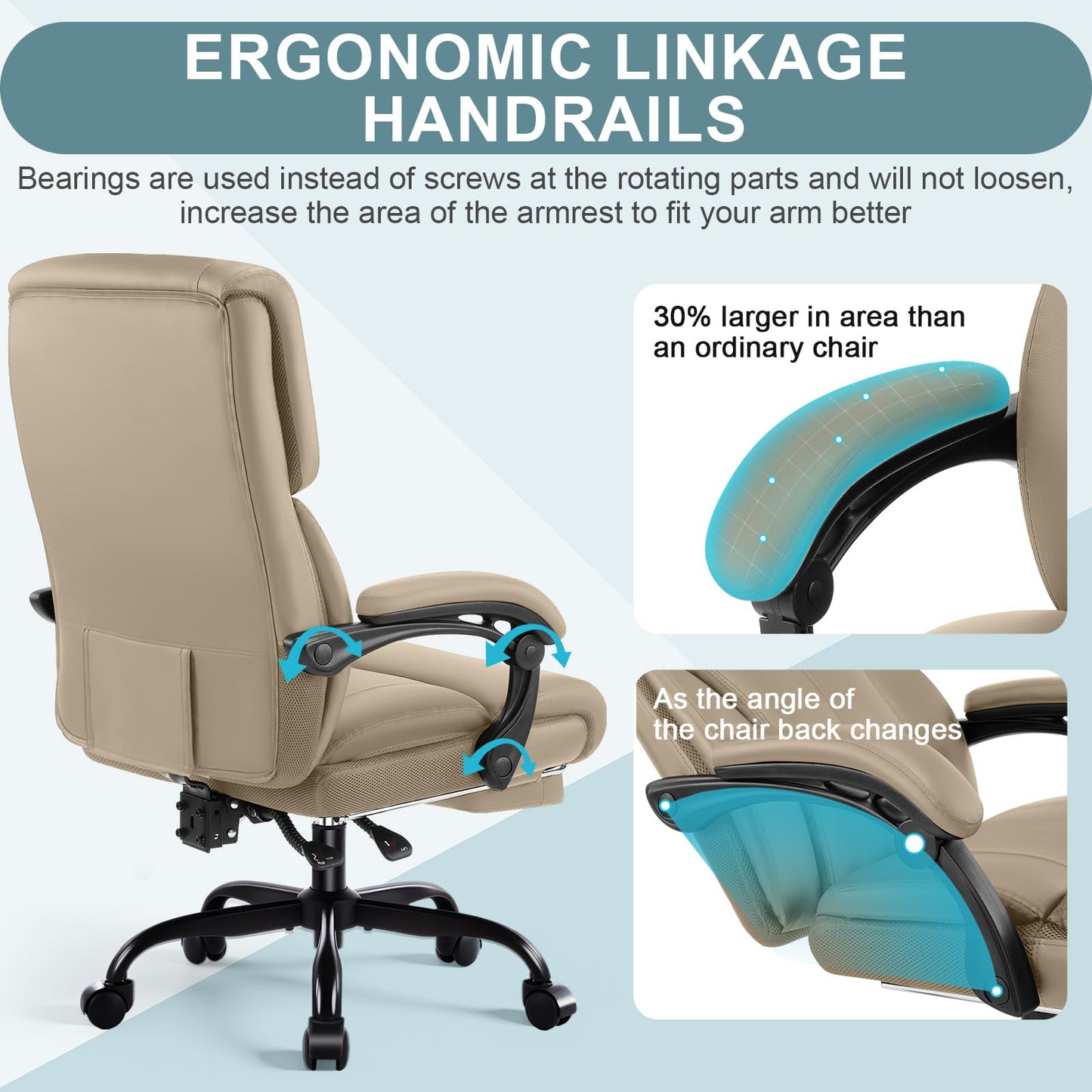 Executive Office Chair,High Back Ergonomic Comfy Desk Chair with Footrest and Padded Linkage Armrests,PU Leather Heavy Duty Computer Swivel Rolling Task Chair for Home Office,Adults,Khaki