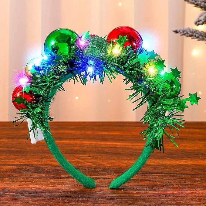 CAKURE LED Christmas Headband Green Light Up Christmas Ball Headbands Xmas Hair Hoop Holiday Party Costume Headwear Hair A...