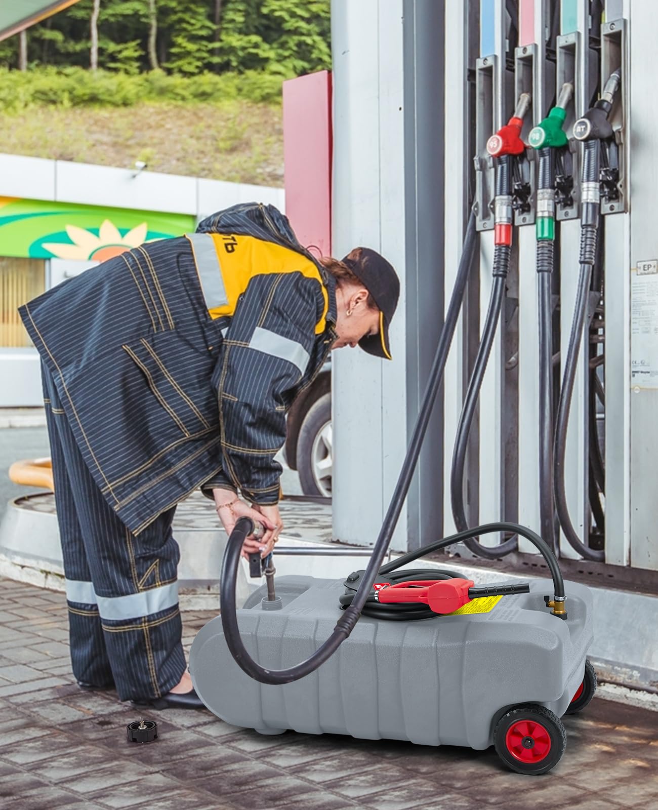IDEALHOUSE 15 Gallon Gas Can on Wheels, Heavy Duty Portable Fuel Caddy with Manual Transfer Pump, 10 Foot Reinforced Hose, Rotating Nozzle, and Dual Shut-Off Valves, Ideal for Lawn Mowers, Cars, Boats