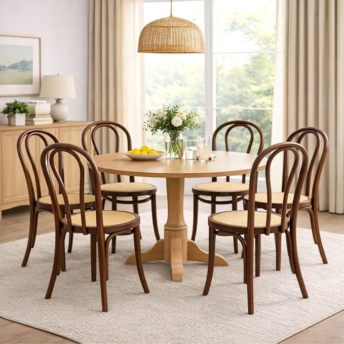 DM Furniture Walnut Dining Chairs Set of 6 Mid-Century Modern Rattan Desk Chairs with Backrest, Armless Bentwood Bistro Chairs for Dining/Kitchen Room,Home No Assembly Required, Walnut Wood