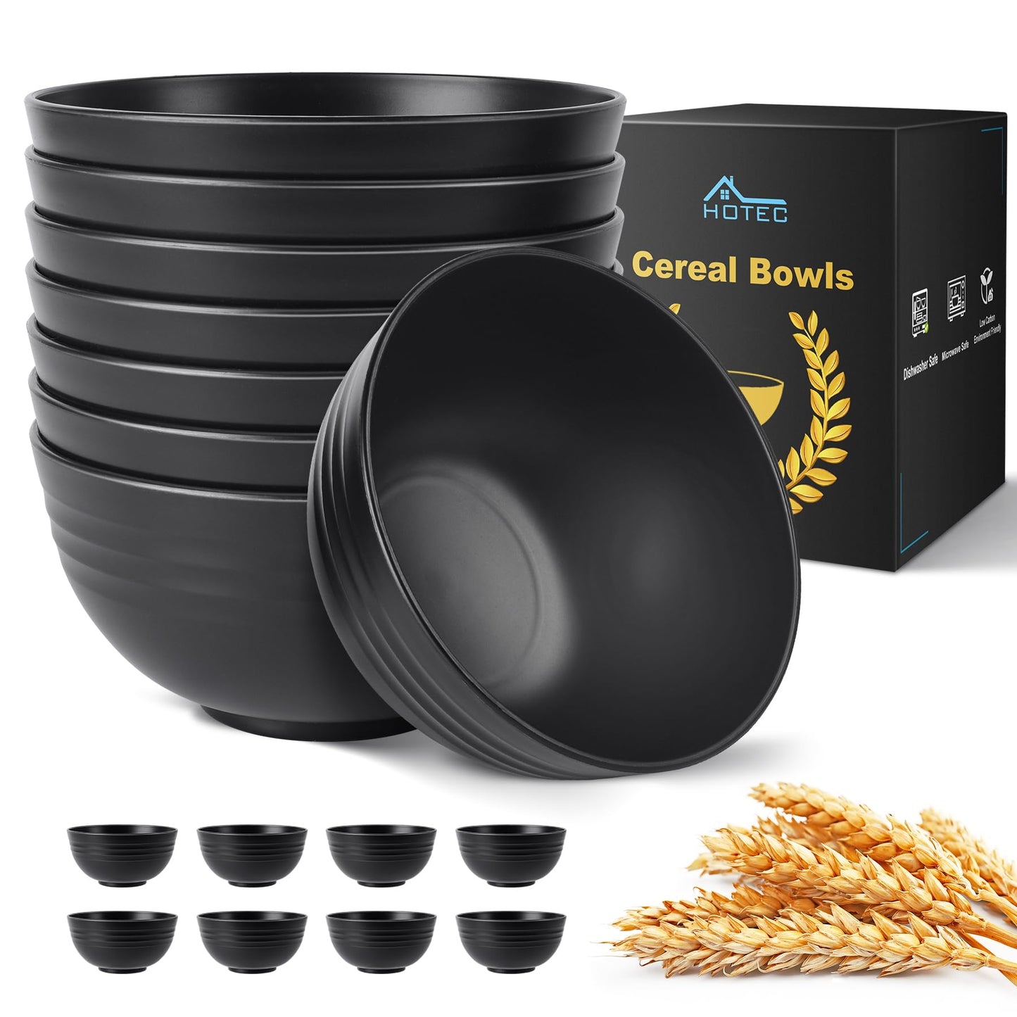 HOTEC BPA Free Unbreakable Wheat Straw Cereal Bowls - Microwave & Dishwasher Safe Soup and Salad Bowls, Set of 8, 26oz, Black