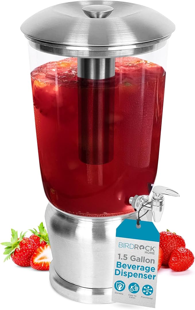 BirdRock Home 1.5 Gallon Stainless Steel Beverage Dispenser with Ice Container, Stand & Spigot - Round - BPA Free Clear Tr...