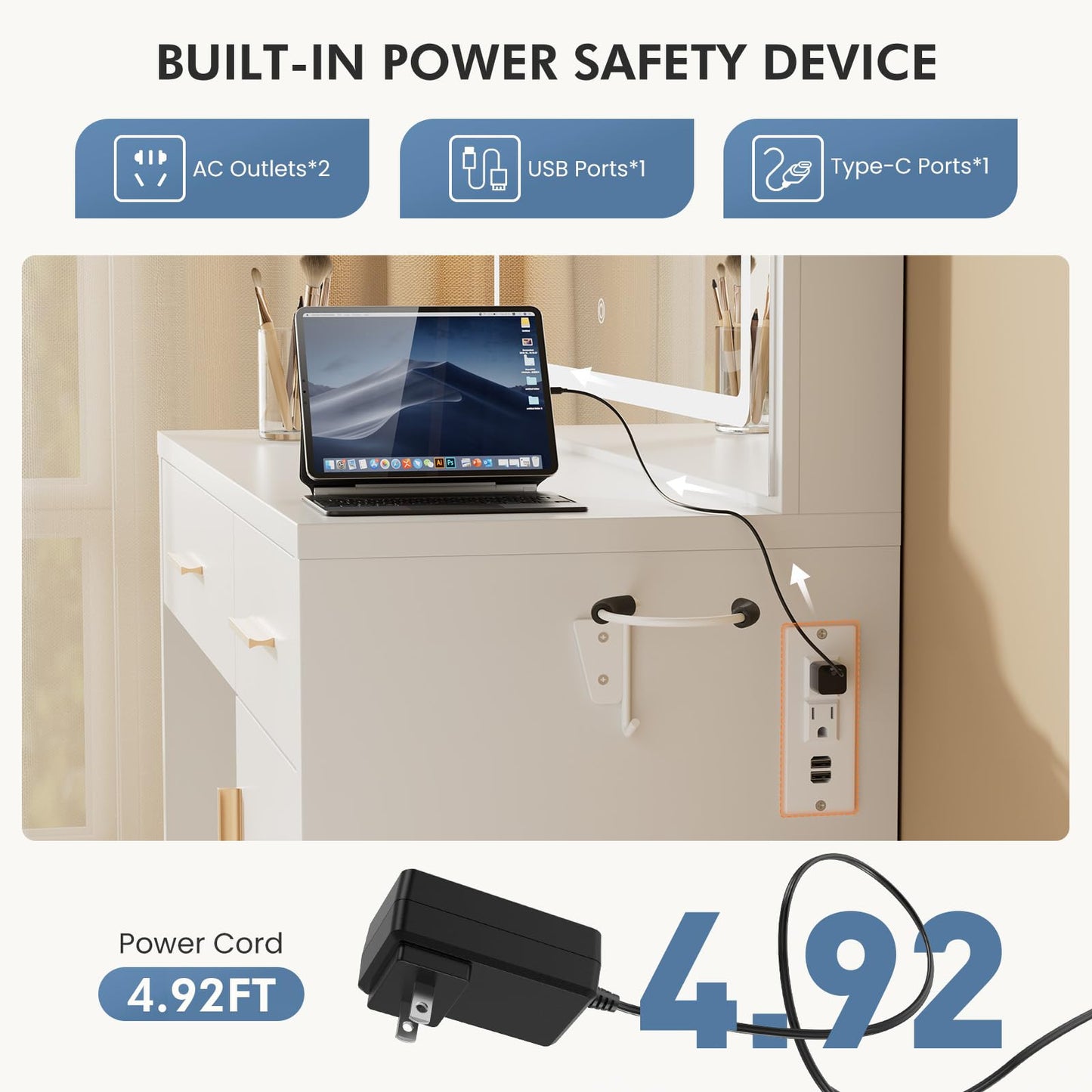 DUMOS Vanity Desk with 35.4" LED Mirror and Lights, Makeup Vanity Table with Charging Station (2AC/USB/C), 2 Drawers & Large Cabinet, 3 Lighting Color Adjustable, Modern Dressing Table, White