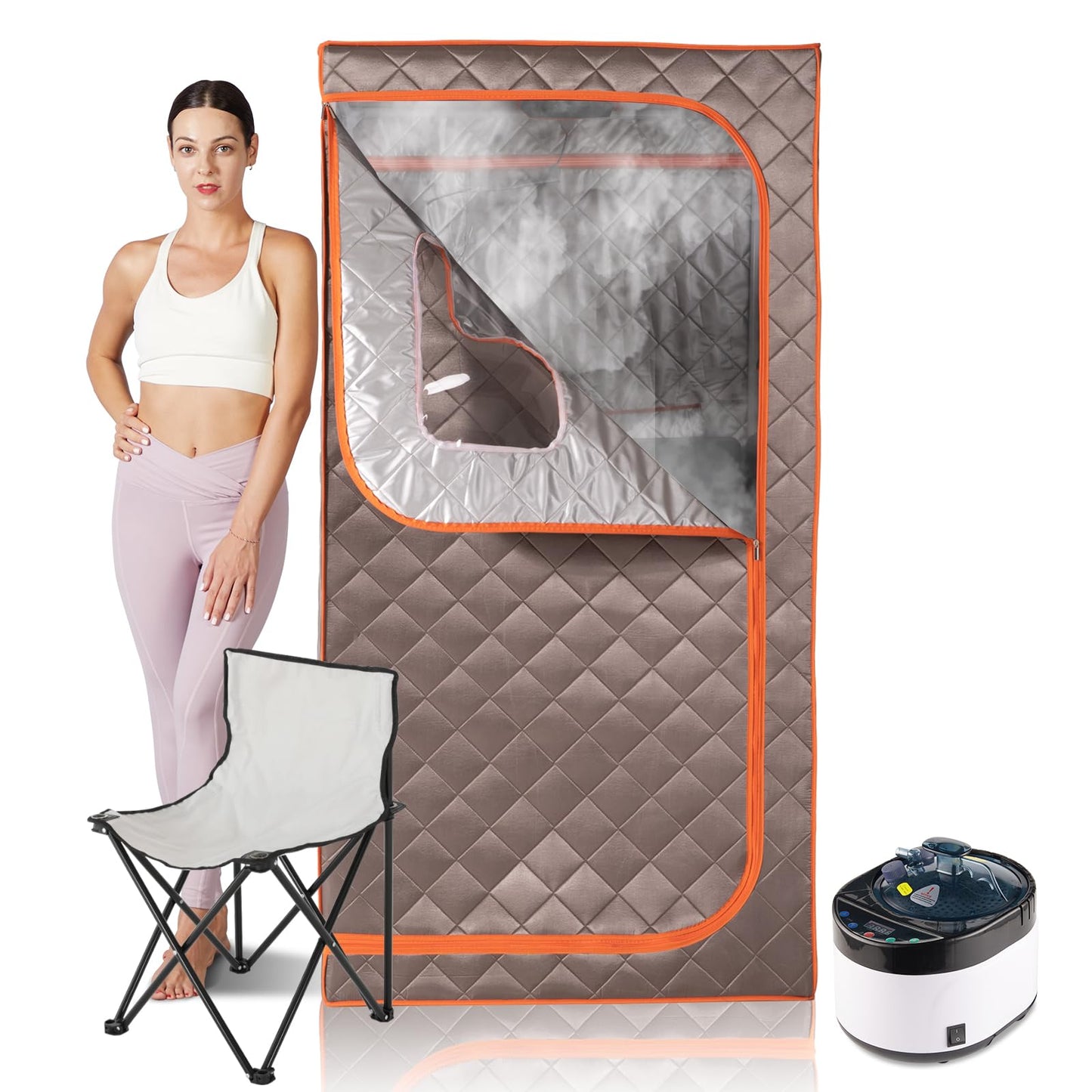 TaTalife Portable Steam Sauna, Full Size Personal Sauna for Home, with 4L & 1500W Steam Generator, Remote Control, Timer (Single Steam 4L Steamer Set - Dark Grey Orange Rim, 33.85" x 33.85" x 65.74")