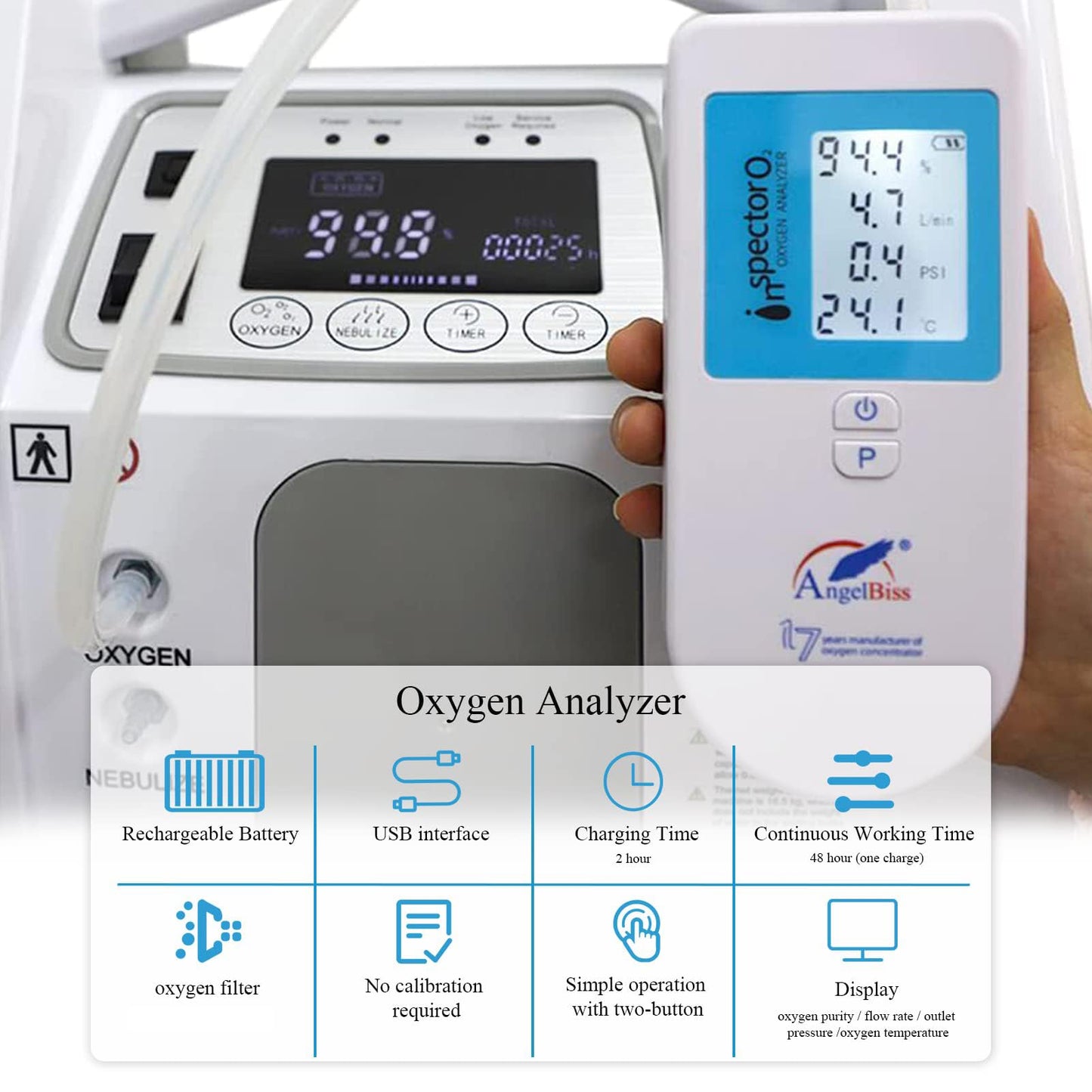 Oxygen Analyzer 4-in-1 Handheld Gas Purity & Flow Tester with LCD Display, Measures O₂ Concentration, Flow Rate (LPM), Pressure (PSI/kPa) & Temperature – Rechargeable Battery Powered