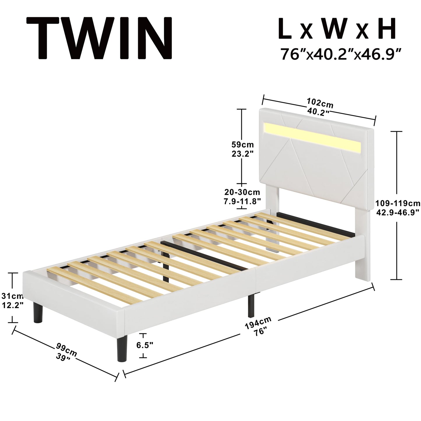LIKIMIO Twin Bed Frame with LED Lights(Smart APP Control), Upholstered Modern Platform Bed Frame, No Box Spring Needed/Noise-Free/Easy Assembly, White