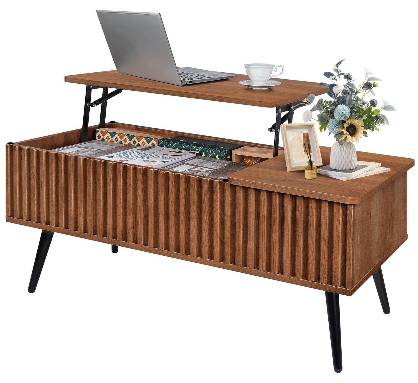 ZYBT Fluted Lift Top Coffee Table, 37.4" Wood Rustic Coffee Tables Square Center Table with Storage and Shelf Lifting Top for Living Room Apartment (Brown)