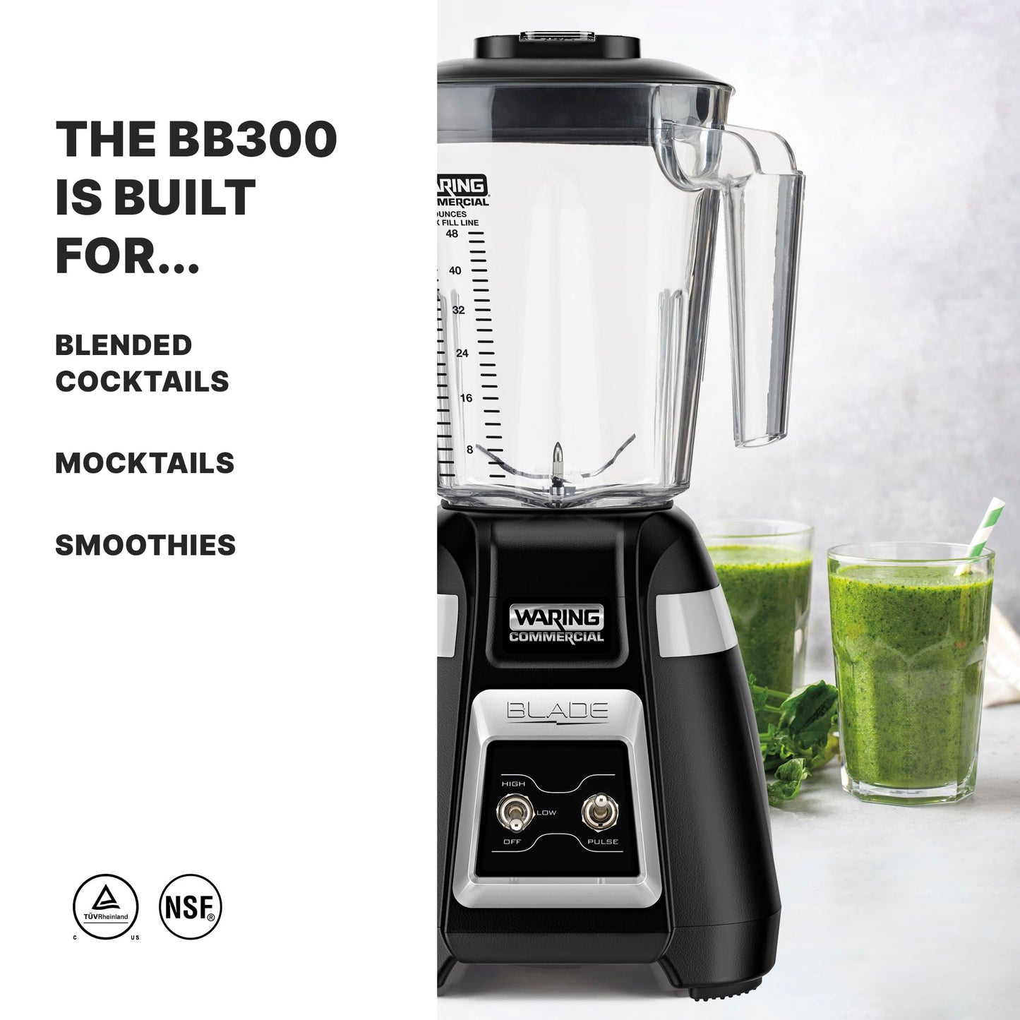 Waring Commercial BB300 Blade 1 HP Blender Toggle Switch Controls with Pulse feature with 48 oz BPA Free Copolyester Stacking Container, 120V, 5-15 Phase Plug ,Black