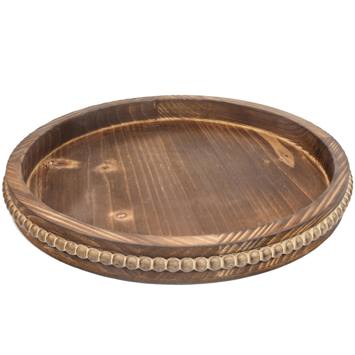 Round Wood Serving Tray with Beads, White Washed Wooden Decorative Tray for Entertaining, Decoration, and Gifting