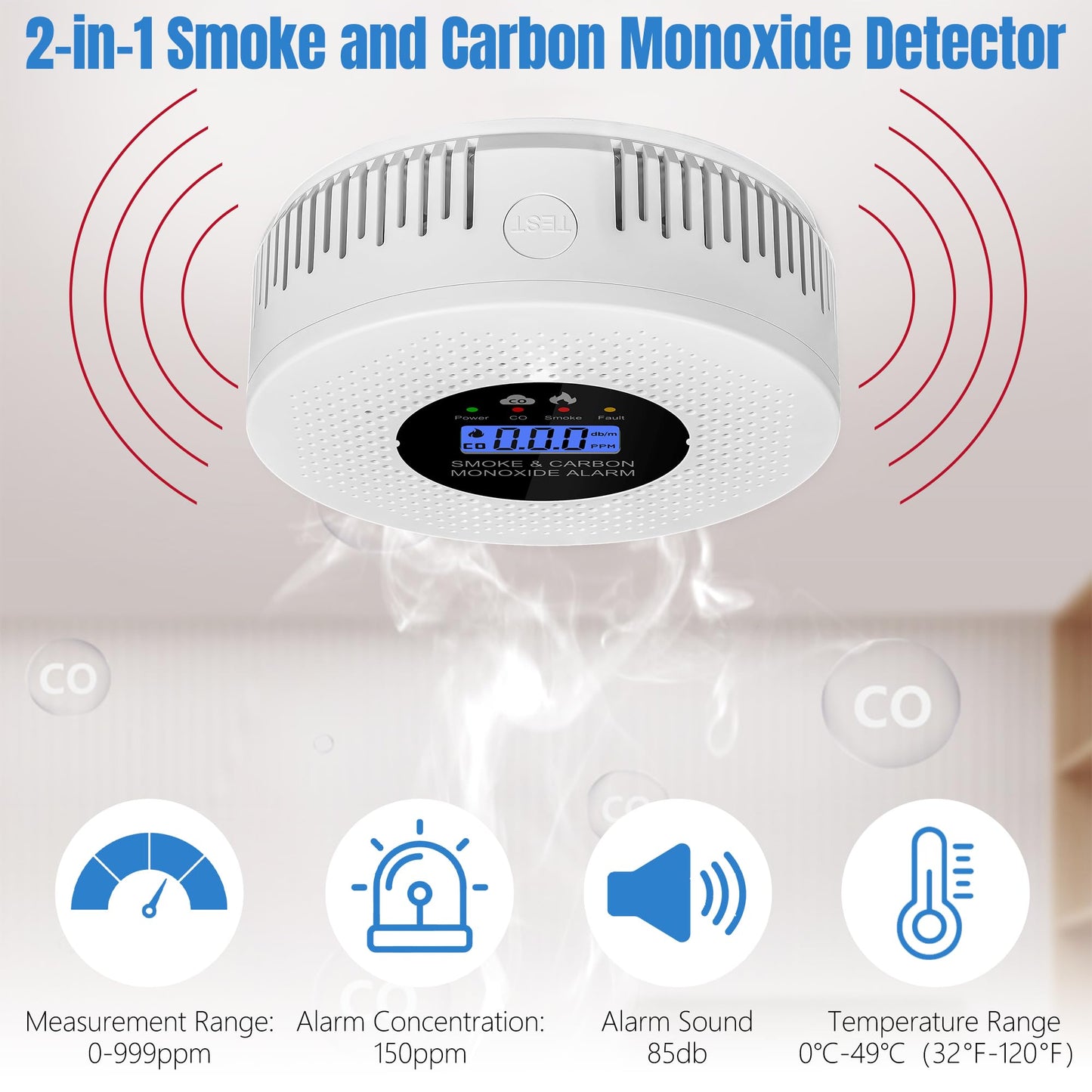 GQIRIL Smoke and Carbon Monoxide Detector - 2-in-1 Fire CO Smoke Alarm Combo Battery Powered, Portable Dual Sensor Warning Light with Digital Display for Cars Kitchen Home Garage (No Battery) 2 Pack