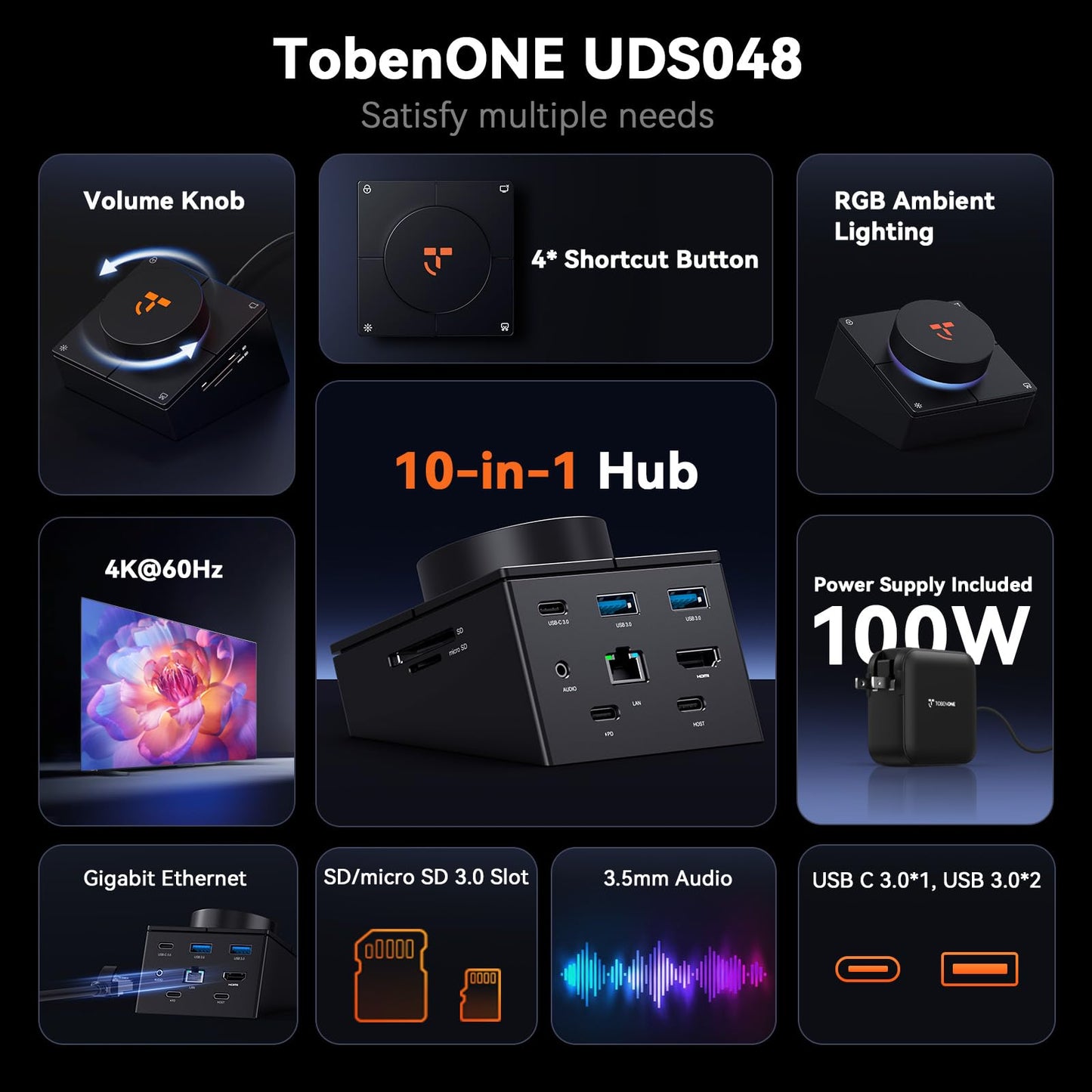 Tobenone 10-In-1 Shortcut-Key Docking Station With 4 Shortcut Button And Volume Knob, Usb C Dock With 4K@60Hz Hdmi, 100W Pd, 3 U