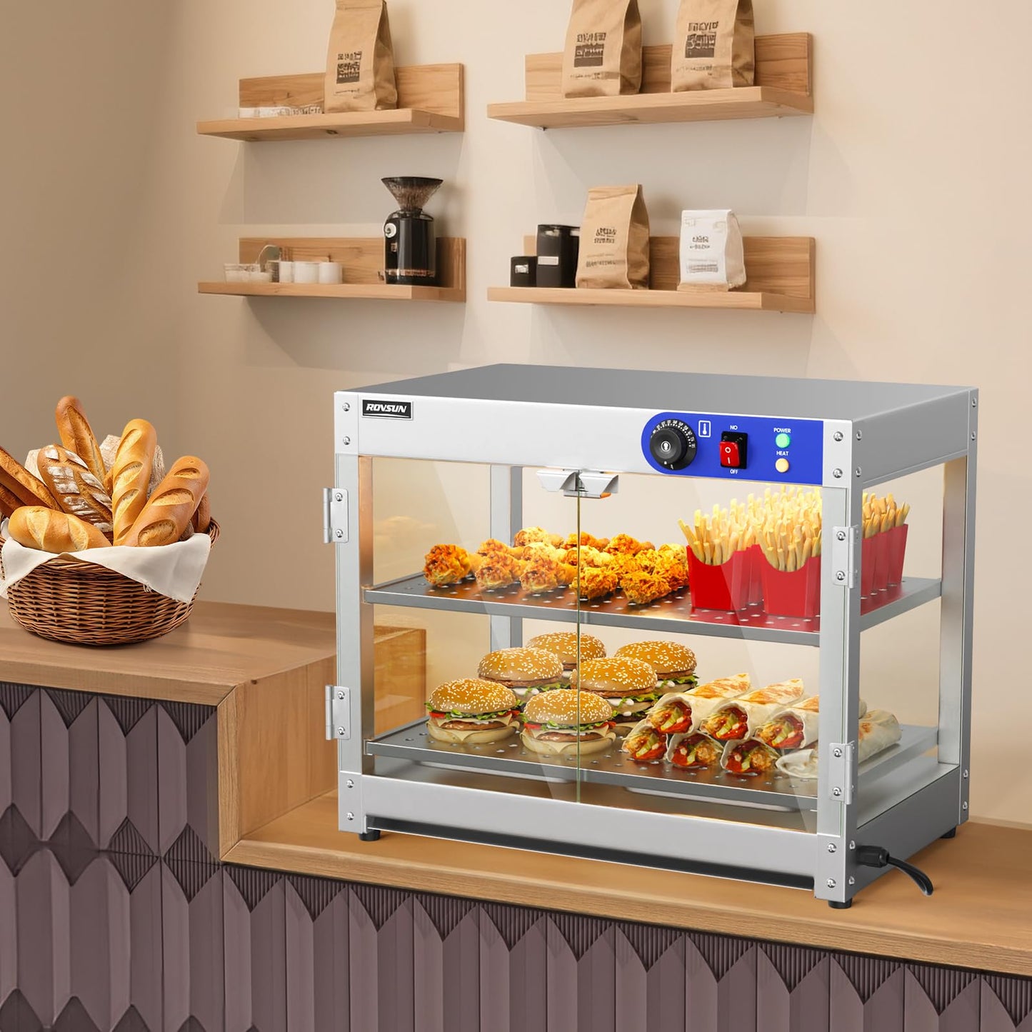 ROVSUN 2-Tier Food Warmer Pizza Warmer, Commercial Food Warmer Display with LED Lighting Removable Shelves Glass Door, Electric Countertop Food Warmer for Buffet Restaurant 110V 800W