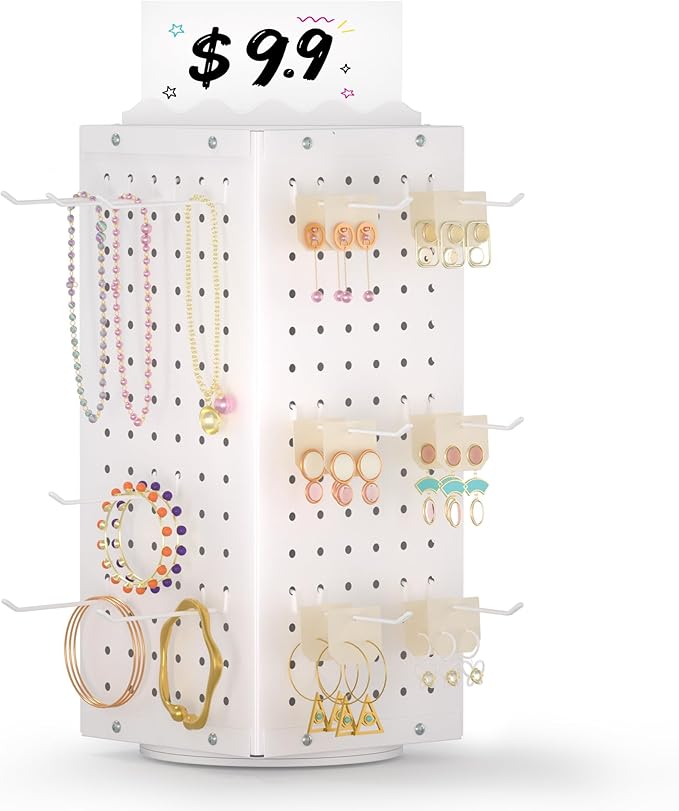 Urban Deco 360° Rotating Pegboard Display Stand with Signage, 4-Sided Spinning Peg Board Stand with 24 Hooks for Jewelry, ...