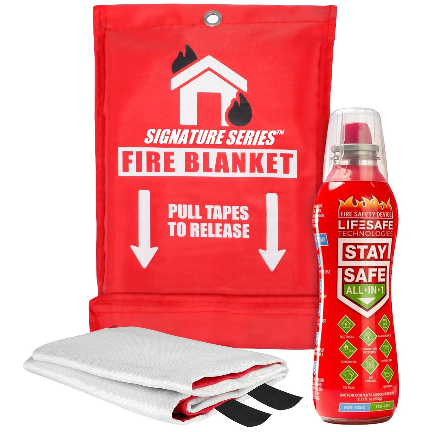 LifeSafe StaySafe All-in-1 Portable Fire Extinguisher with Signature Series Fire Blanket, Compact Emergency Fire Spray, Flame Suppression Fiberglass, Eco-Friendly | for Home Safety