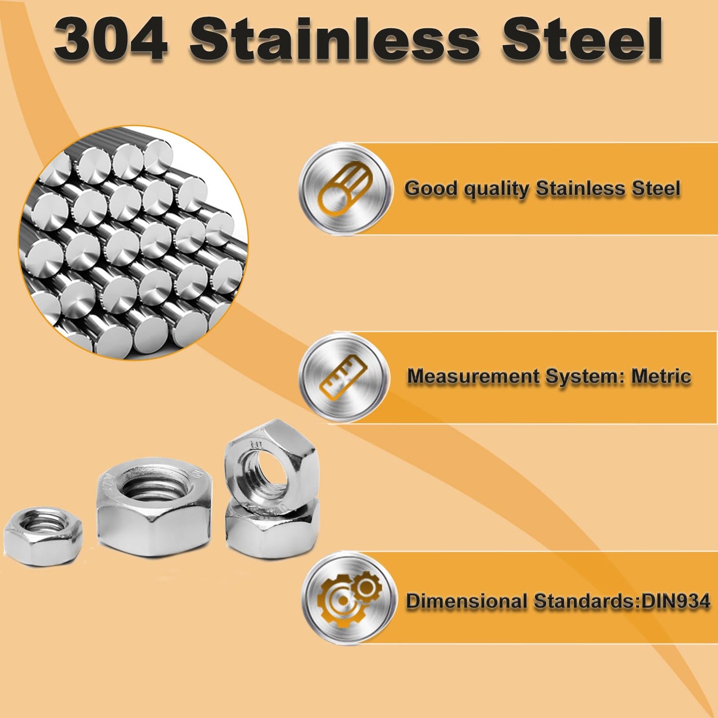 50pcs M6 Hex Nut, Stainless Steel 304, Hex Drive, Metric M6x1 Nuts Fasteners, Replacement Nut, Right Hand, M6-1.0mm Hexagonal Nut