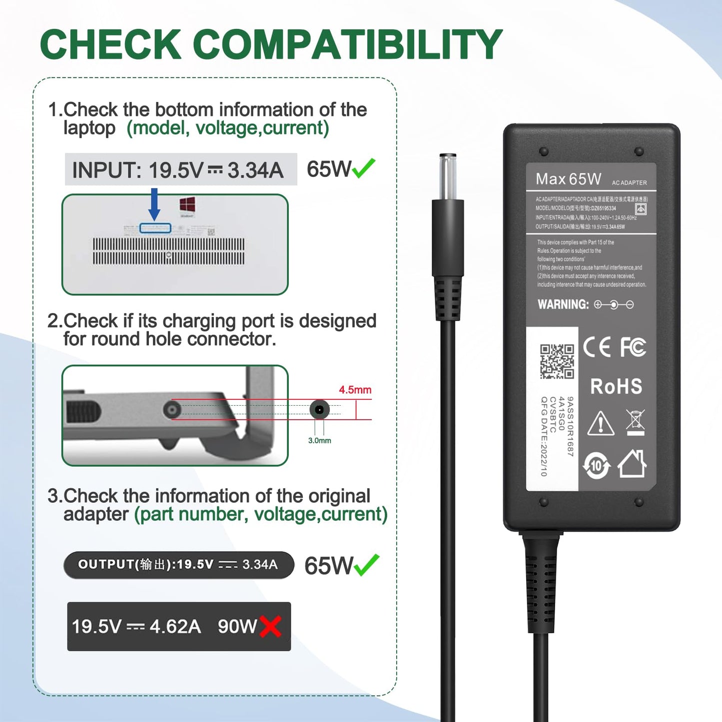 65W Charger For Dell Laptop Charger,Ac Adapter For Dell Inspiron 15 3000 5000 Series 15-3552 3555 3558 3565 3567 5551 5552 5555