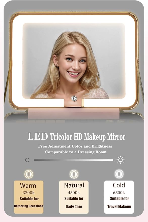 Travle Makeup Bag with LED Mirror, Makeup Train Case with Light Up Mirror, Portable Waterproof Makeup Organizer with Adjustable Dividers, Cosmetic Brush Holder Storage for Women Gift