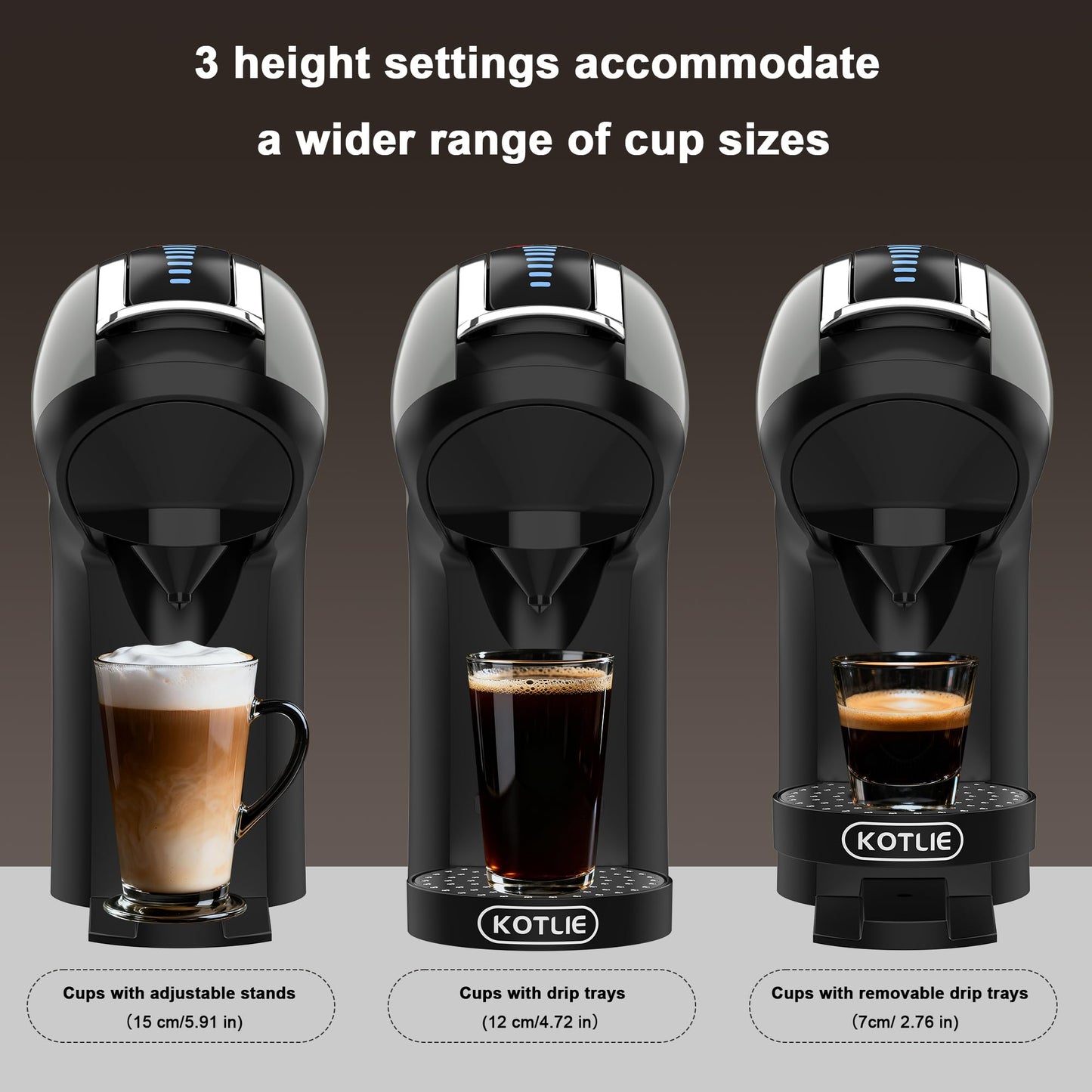 KOTLIE EM-308B Espresso Machine, Single Serve Coffee Maker Compatible with Multiple Capsule Types, Ground Coffee, and ESE Pods. 3 Temperatures, 7 Water Volume Levels, and a 1L Water Tank（Gray）