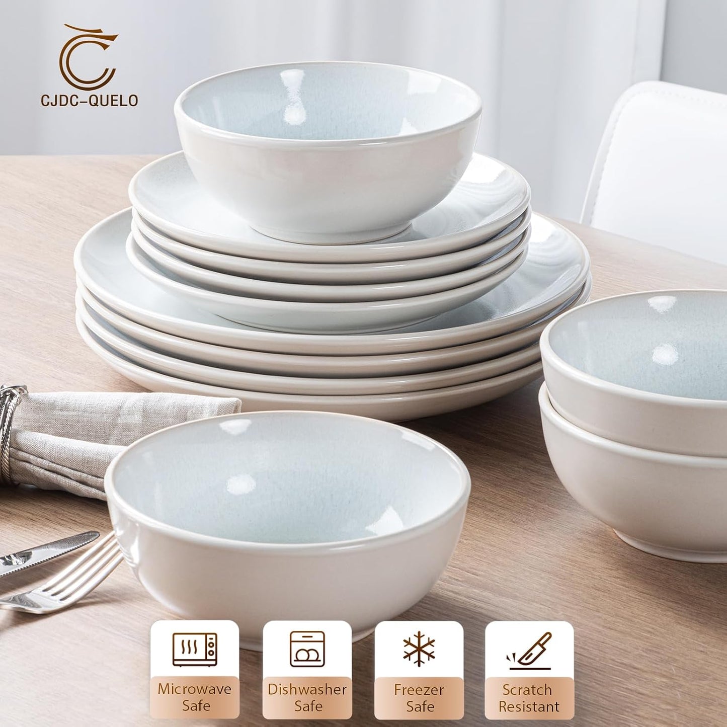 Plates and Bowls Sets for 4 - CJDC-QUELO 16-Piece Stoneware Dinnerware Sets, Ceramic Dishware Set for Kitchen Use and Formal Dining, Chip and Scratch Resistant Microwave Dishwasher Safe, Off White