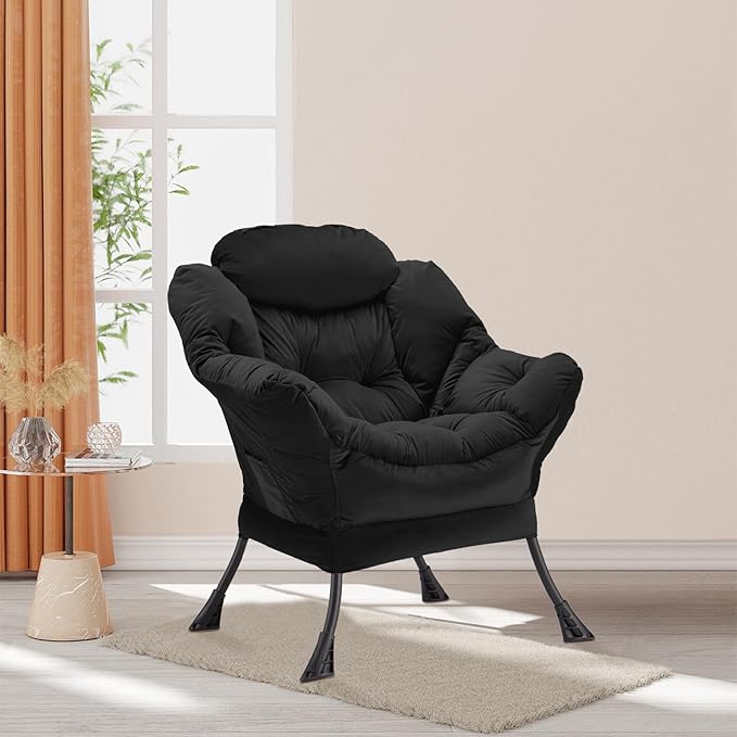 Youtanic Lazy Chair Thick Padded, Comfy Velvet Accent Lounge Chair with Stable Frame, Leisure Sofa Armchair with Armrests and Side Pocket, Reading Chair for Bedroom, Living Room, Office, Black