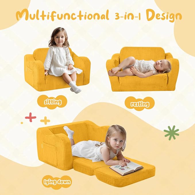 MeMoreCool Toddler Chair – Foldable 2-in-1 Kids Sofa Bed, Corduroy Lounge for 1-3 Years, Yellow Soft Foam Seat | Machine Washable | Convertible Couch for Toddlers’ Playroom or Nap Time
