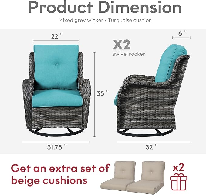 Belord Outdoor Swivel Rocker Wicker Chairs Set of 3, High Back Swivel Patio Chairs Wicker Furniture Set, 2 PCS Rattan Swivel Rocking Chair with Side Table, Turquoise