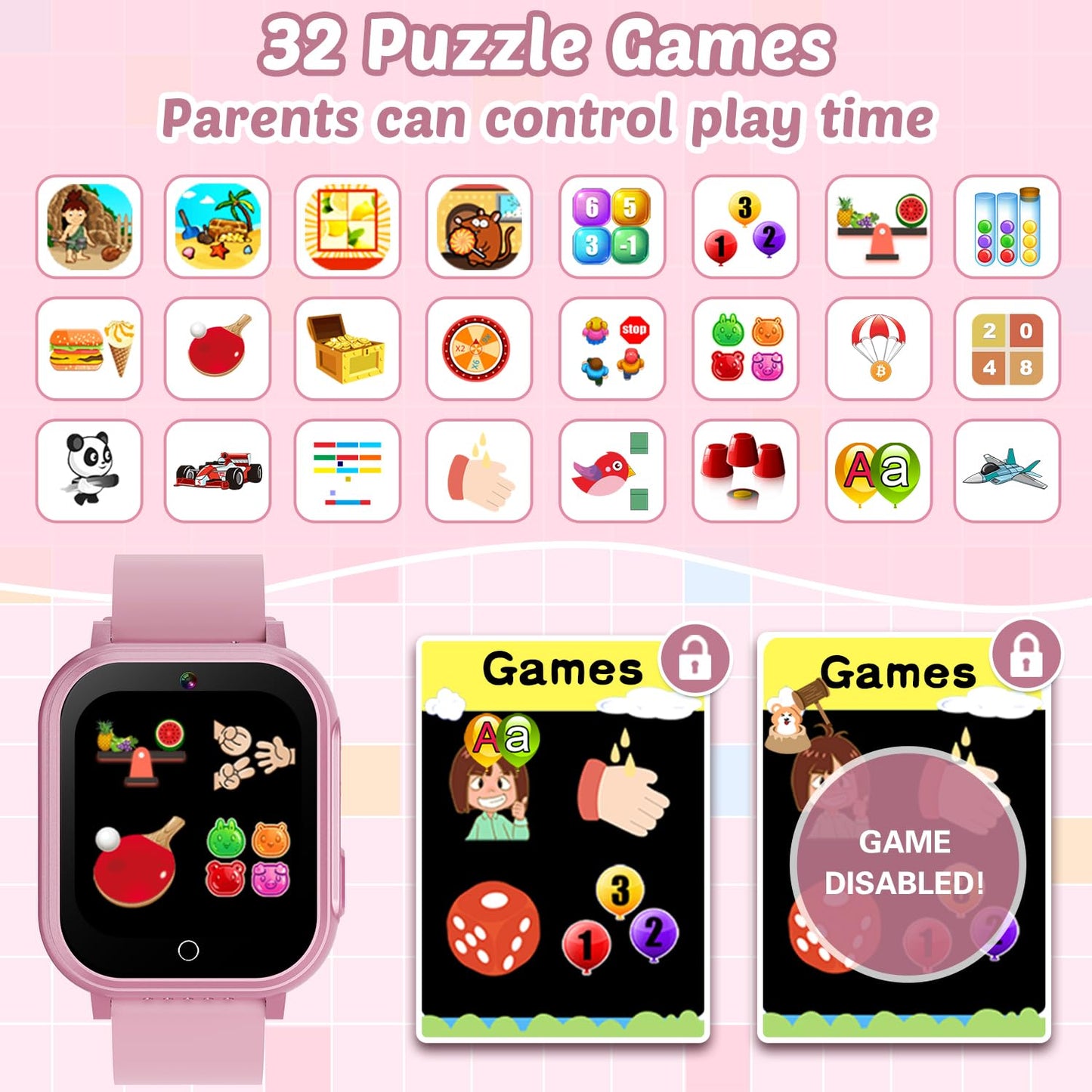 Waterproof Smart Watch for Kids Gift for Girls Age 5-12 with 32 Games, Dual Camera, Habit Tracking, Music Player, Video, Alarm Clock, HD Touchscreen Kids Smart Watch Birthday Toys for 3-12 Year Old