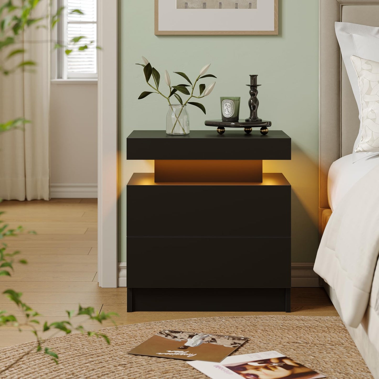 Cubehom LED Black Nightstands Set of 2 Bedroom Night Stands LED Bedside Table with 2 Drawer Modern Nightstands for Bedroom