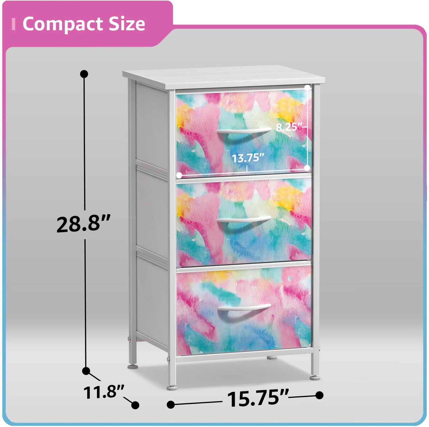 Sorbus Kids Dresser with 3 Drawers - Storage Chest Organizer Nightstand - Steel Frame, Wood Top, Tie-Dye Fabric Bins for Clothes - Wide Furniture for Bedroom, Hallway, Nursery, Closet, & Apartment