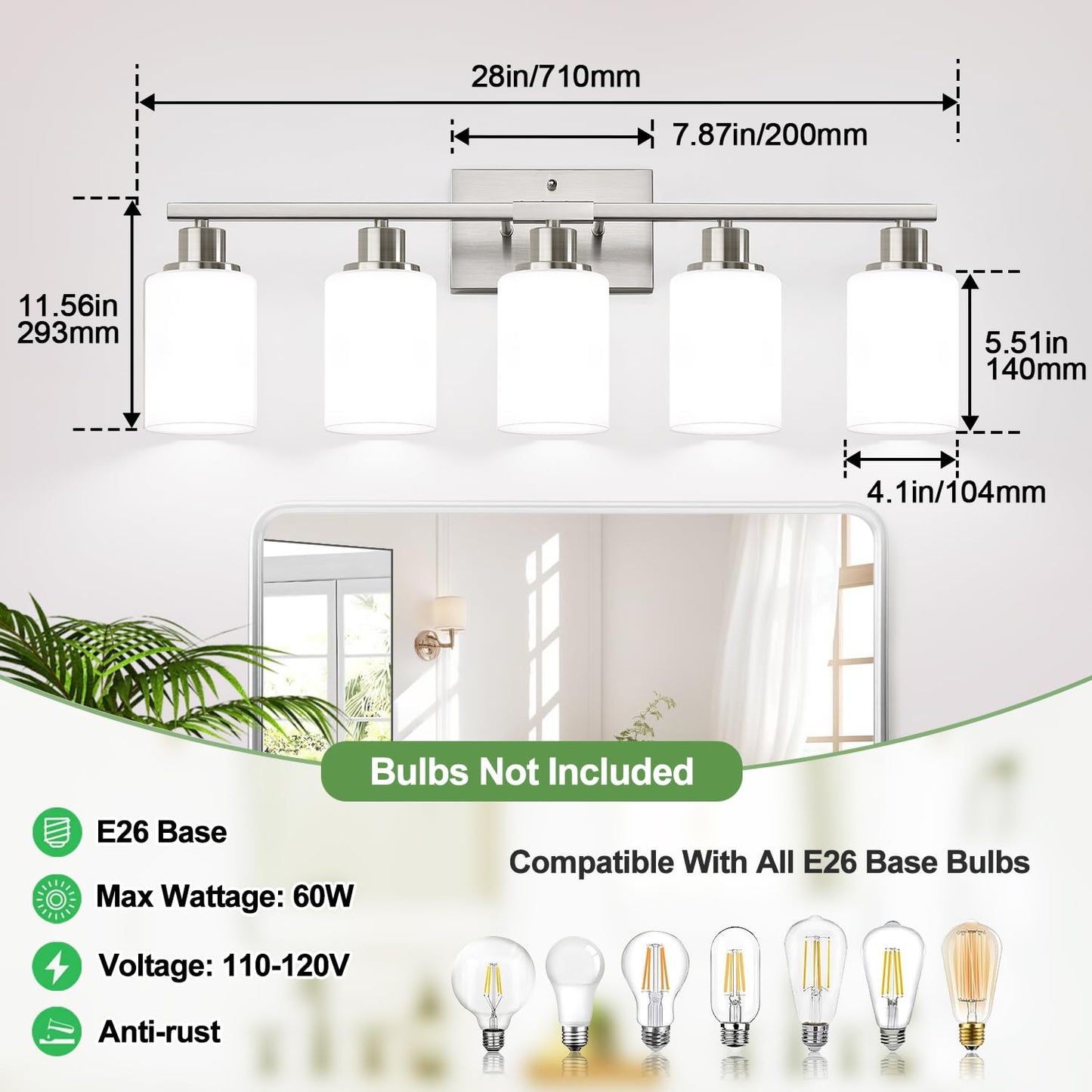 5-Light Brushed Nickel Bathroom Vanity Light with Milky White Frosted Glass Shades, Modern Bathroom Light Fixtures, Up/Down Reversible Lighting for Mirror, Bedroom, Kitchen, Living Room, Hallway