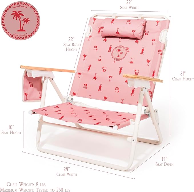Business & Pleasure Co. Margaritaville Manana Backpack Beach Chair Lay Flat Reclining, Lightweight & Portable, Insulated Cooler Pocket, Strawberry Daiquiri Marg