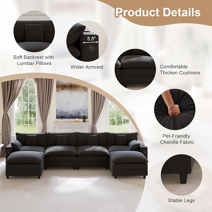 KCGKCG 152" Modular Sectional Sofa, U Shaped Cloud Couch with Movable Ottoman, Chenille Deep Seat Cloud Sofa with Charging Station, Cup Holder, Side Pocket, Sectional Couches for Living Room, Black
