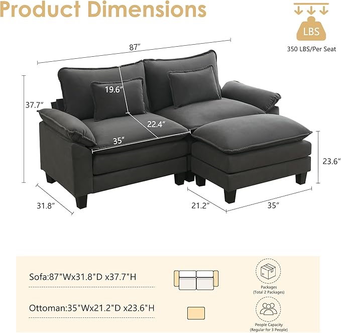 URRED Cloud Couch Modular Sectional Sofa, 87" Modern L Shaped Deep Seat Sofa with Ottoman & Pillows, Ultra Comfy Velvet Couches for Living Room, Bedroom or Apartment, Dark Gray
