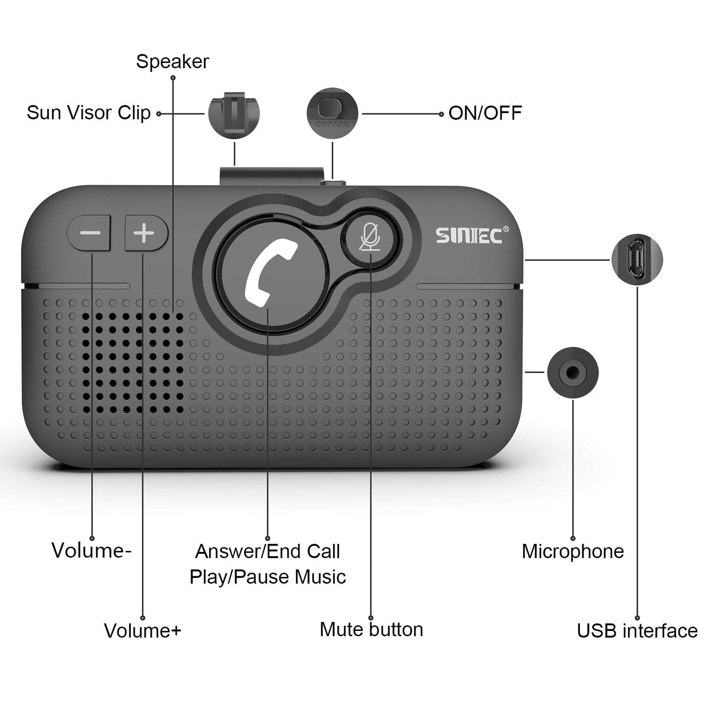 SUNITEC Handsfree Bluetooth Car Kit for Cell Phone, Wireless Bluetooth Speaker for Car, AUTO Power ON Support Siri Google Voice Assistant Hands Free Phone Speakerphone with Visor Clip-BC980SA