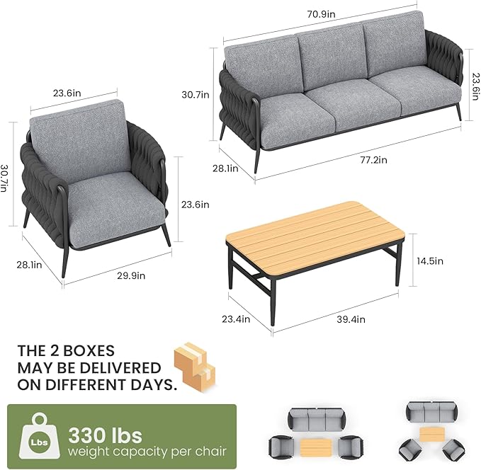 Outdoor Patio Furniture Set 6-Piece, Outdoor 5-Seat Sofa with Coffee Table, Waterproof Thick Cushion Patio Conversation Set, All Weather Outdoor Couch Set for Deck, Lawn, Balcony, Porch