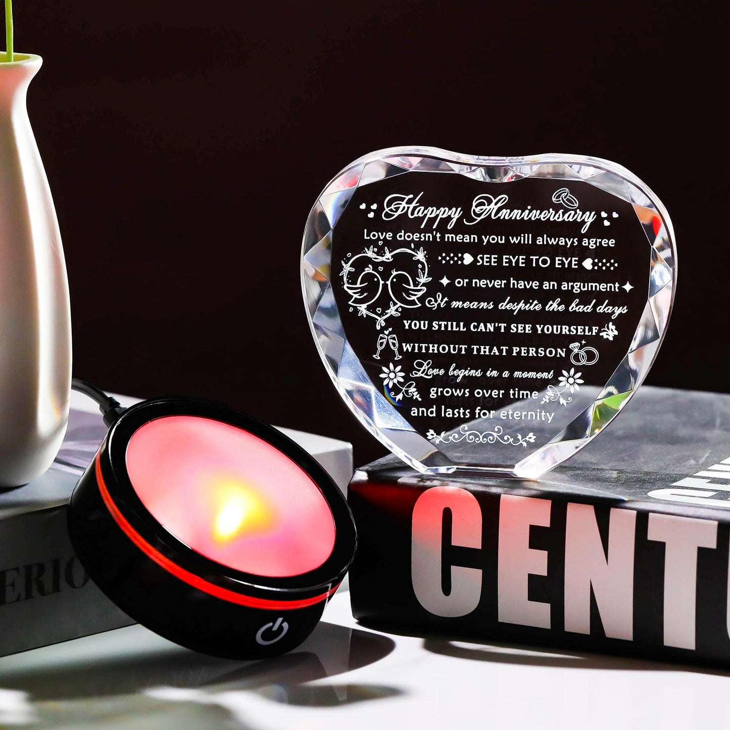 YWHL Wedding Anniversary Crystal Heart Gifts for Couple Parents, Happy Anniversary Marriage Gifts for Wife Husband Him Her Men Women with LED Base Romantic Presents for Girlfriend Boyfriend