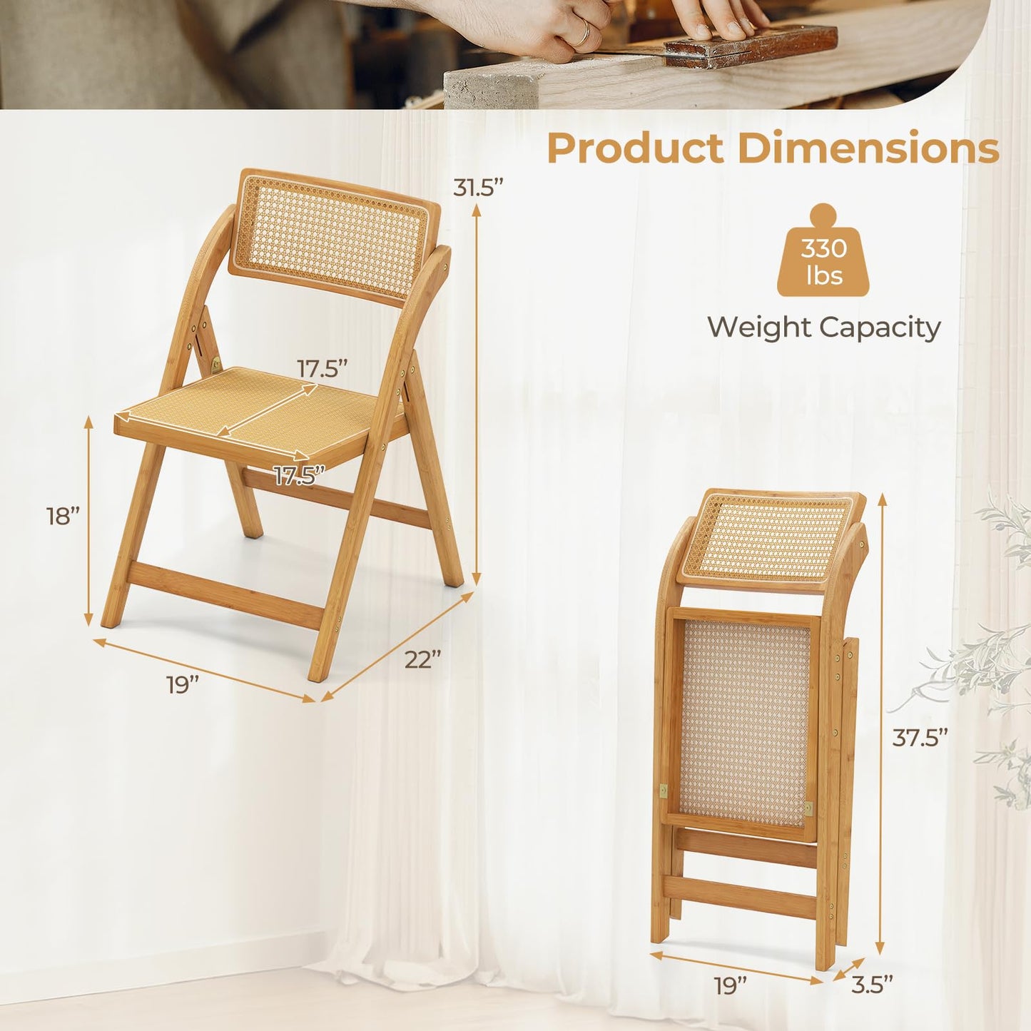 Giantex Rattan Folding Chairs Set of 2, Bamboo Dining Chairs with Rotatable Backrests, Max Load 330 lbs, Boho Kitchen Side Chair for Living Room, Restaurant, No Assembly, Natural