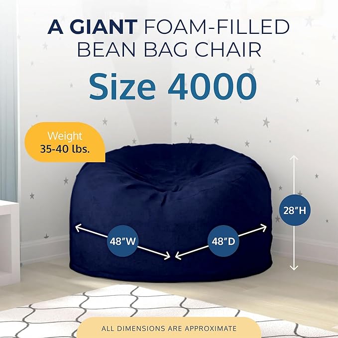 Ultimate Sack 4000 4-Foot Bean Bag Chair, Navy Suede Cover – Oversized Foam Lounger, Floor Seat, Small Sofa, or Couch Bed for Living Area, Gaming Room, or Reading Lounge