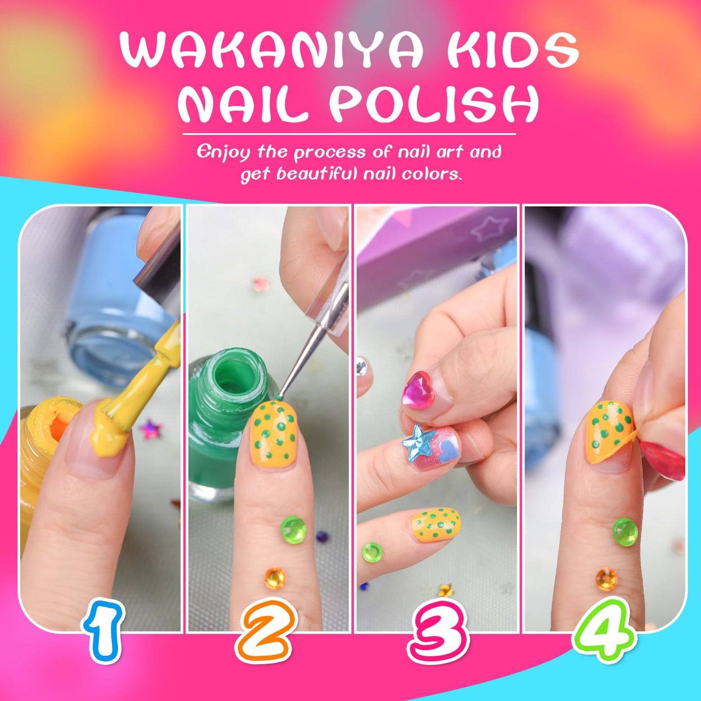 wakaniya Kids Nail Polish Non Toxic Quick Dry Peel-Off Mini Toddler Nail Polish Kit with Gems Stickers 8 Colors Girls Nail Set