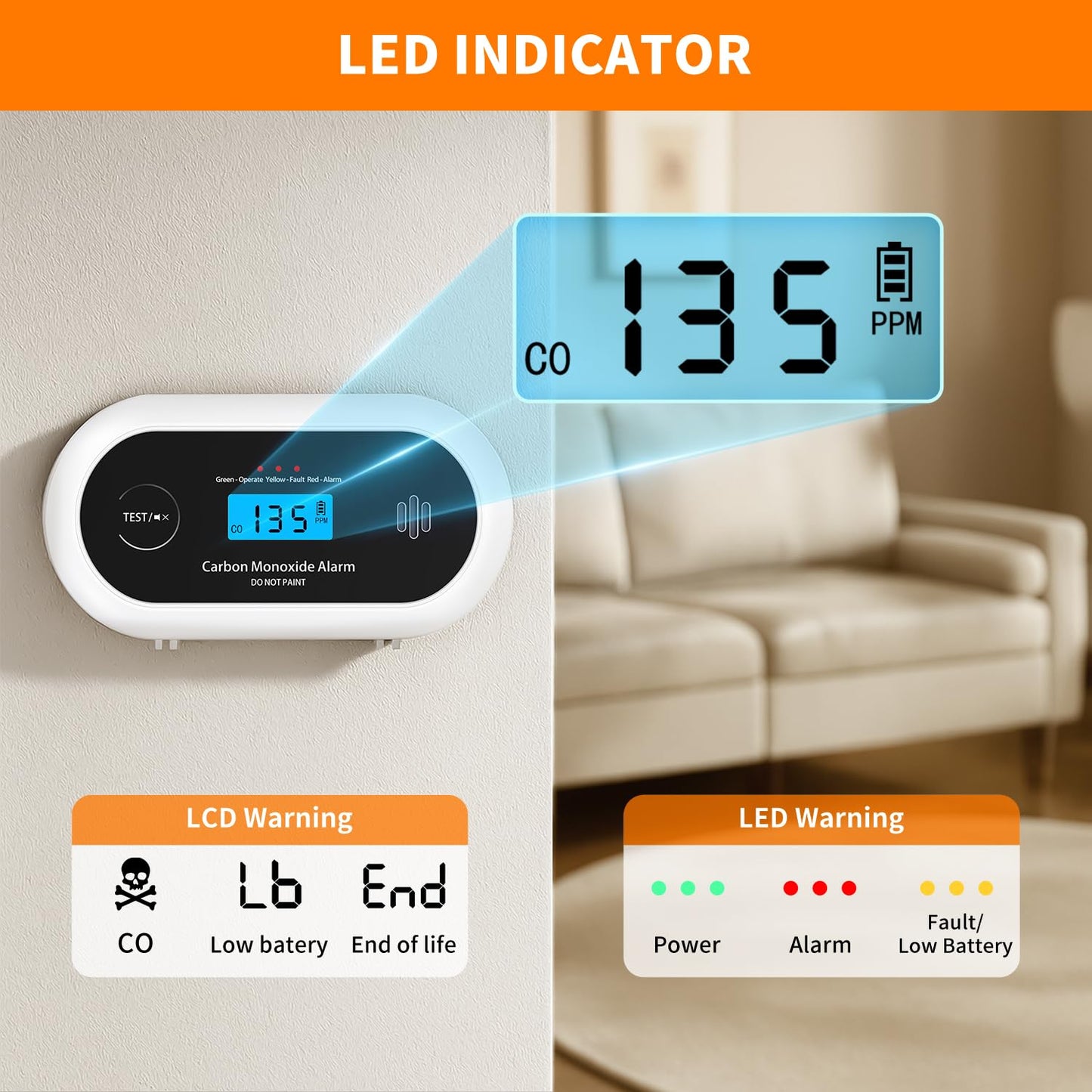 Carbon Monoxide Detector，Portable 10-Year Sealed Battery CO Alarm with LCD Display, CO Detector for Home ，Office and Travel