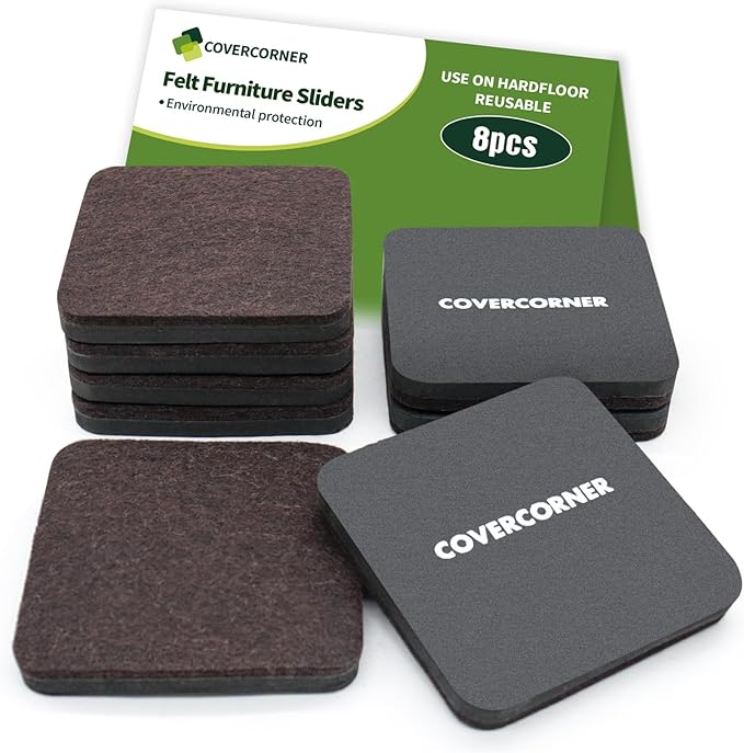COVERCORNER Felt Furniture Sliders for Hardwood Floors 8 PCS - 3 1/2 Inch Square Moving Slider - Heavy Duty Felt Movers Chair Legs Protectors - Brown