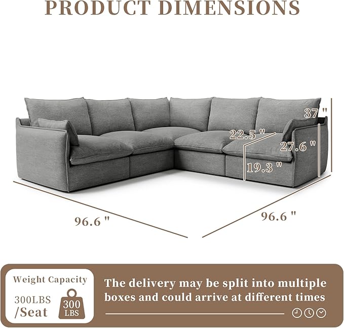 Gtilzria Waterproof Cloud Sectional Sofa for Living Room,High Backrest Down Filled Couch,5 Seater Oversized Modular V-Shaped Couches,Detachable Couch Covers,Dark Grey