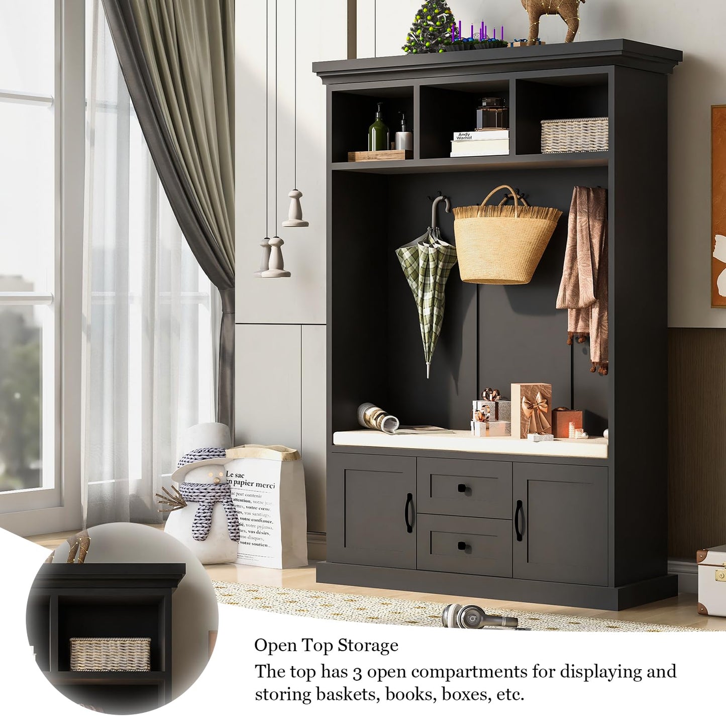 YHAOWORKS Farmhouse Hall Tree with Bench - Entryway Bench with Coat Rack and Storage, Wood Coat Tree Cabinet with Shoe Storage & Stool & Hooks & Door & Drawer for Hallway, Living Room, Mudroom, Black
