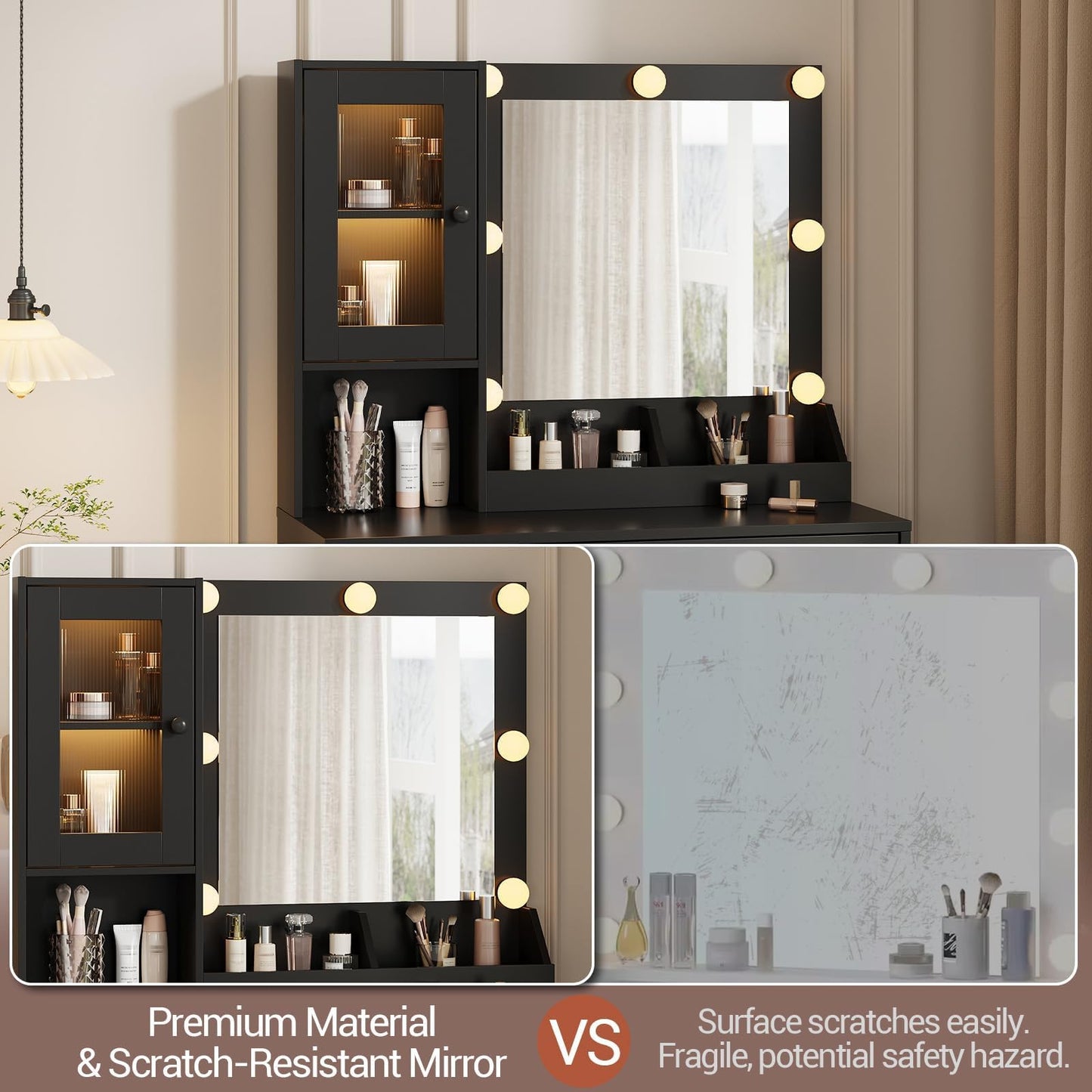 GarveeHome Makeup Vanity Desk with Mirror and Lights, Vanity Table with Charging Station, 2 Compartments, 2 Acrylic-Door Cabinets & RGB Lights, Dressing Table for Bedroom, Black Grain Finish