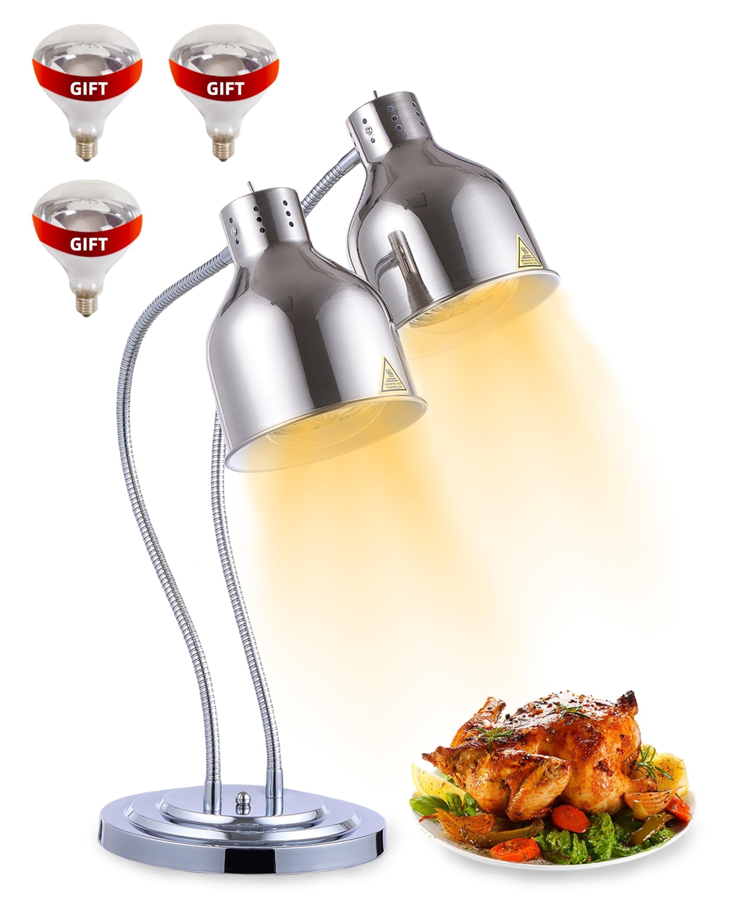 Food Heat Lamp: [Rapid-Heating Bulbs Included] [Steady Heating] Commercial Food Warmer Lamp, Electric Heat Lamp for Food Catering Food Warming Lamp for Buffet Parties (Polished Silver, 32" (2-Head))